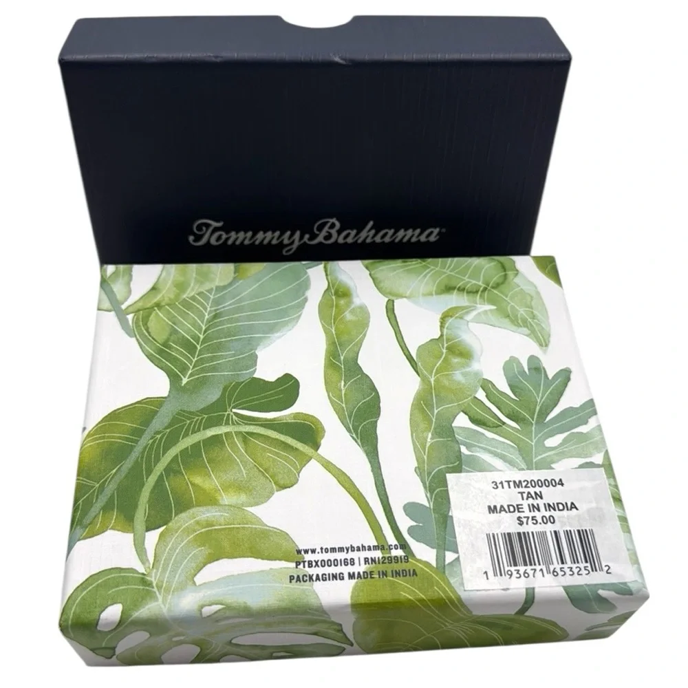 Tommy Bahama Tan Basket Weave Leather Card Case Slim Wallet Men's